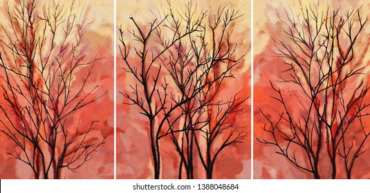 Collection of designer oil paintings. Decoration for the interior. Modern abstract art on canvas. A set of pictures with trees on a red background.