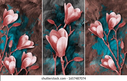 Collection of designer oil paintings. Decoration for the interior. Modern abstract art on canvas. Set of pictures with different textures and colors. magnolia flowers on abstract  brown background