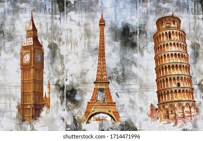 A collection of designer oil paintings. Decoration for the interior. Contemporary abstract art on canvas. A set of pictures with different textures and colors. Pisa, London, Paris.