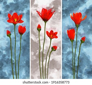 Collection of designer oil paintings. Decoration for the interior. Modern abstract art on canvas. Set of pictures with different textures and colors. red flowers on abstract background