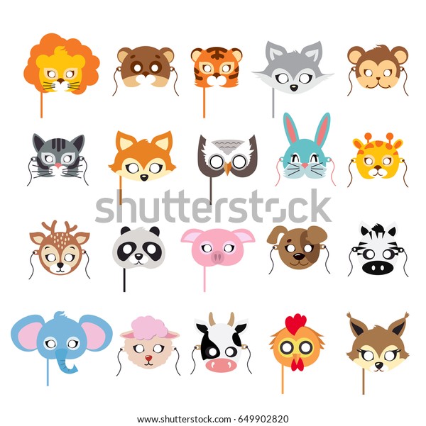 さまざまな動物の面のコレクション 獅子 熊 虎 兎 猿 猫 キツネ フクロウ ウサギ キリン シカ パンダ豚ゼブラ象の牛の仮面デッシング のイラスト素材