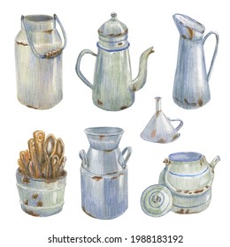 Collection Of Different Rusty Dishes And Wood Cutlery. Rustic Mood. Colored Pencil Technique. Hand Drawn. For Banner, Invitation, Greeting Card, Label, Poster