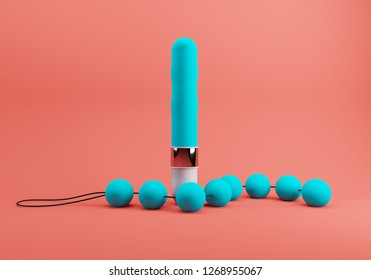 A Collection Of Different Types Pink Of Sex Toys, Including Dildo And Love Balls On Living Coral Background.