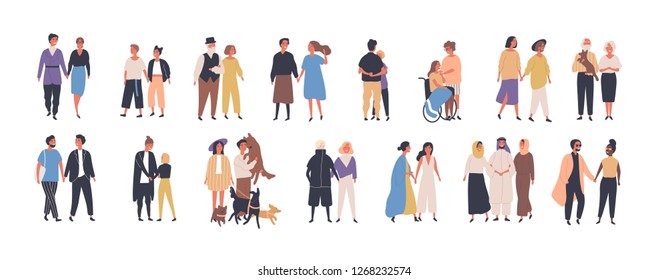 Collection of different types of romantic relationships and marriage - polygyny, interracial, lgbt and elderly couples isolated on white background. Love diversity. Flat cartoon illustration. - Powered by Shutterstock