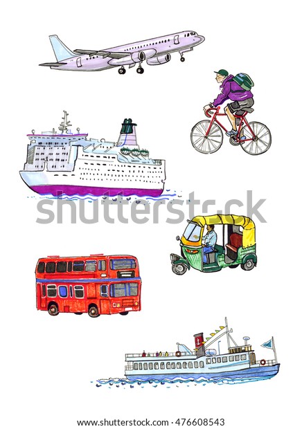 Collection of different types of transport.\
Ferry, bus, steamer, ship, cyclist, plane, tuk tuk. Hand drawn\
sketchy style\
illustration.