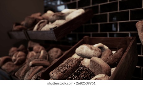 A collection of different types and varieties of bread neatly arranged and stored in a box on store shelves.