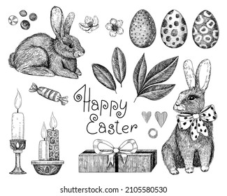 Collection of Easter elements. Rabbits, candles, candies, leaves and flowers, a gift box, Easter eggs. Hand-drawn in the style of engraving. Vintage style