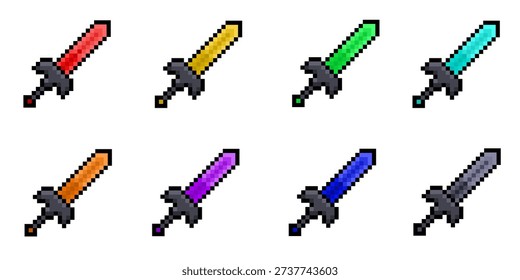 A collection of eight cool, sharp pixel art swords, great for use in game assets for legendary swords, suitable as icons or stickers.