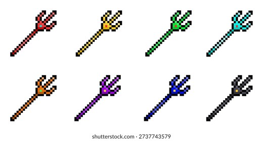 A collection of eight different colored pixel art buttons, perfect for use in pixel art game assets.