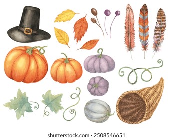 Collection of fall elements, including pumpkins, a Pilgrim hat, feathers, and leaves. Watercolor clipart set for creating Thanksgiving invitations, seasonal home decor, or holiday merchandise
