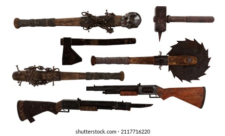 Collection Of Fantasy Zombie Apocalypse Weapons. 3D Illustration Isolated On White Background.