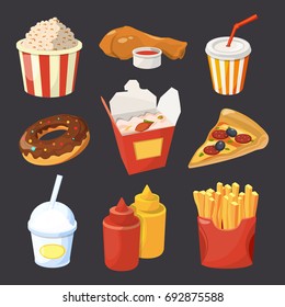  Collection Of Fast Food Pictures In Cartoon Style. Pizza And Drink, Snack Donut And Fast Food Illustration