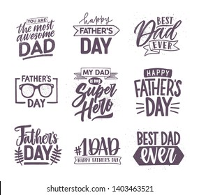 Collection of Father's Day letterings handwritten with elegant fonts and decorated with festive elements. Bundle of holiday inscriptions isolated on white background. Monochrome illustration - Powered by Shutterstock