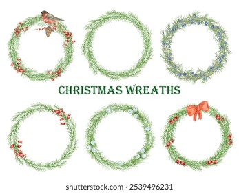 Collection of festive Christmas wreaths watercolor illustrations on a white background, handmade, ideal for decorating Christmas cards, tableware, invitations, banners, textile design. - Powered by Shutterstock