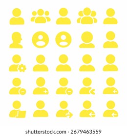 Collection of flat user profile icons including avatar, account, login, logout, group, and settings. Suitable for mobile applications, websites, social media, dashboards, and user interface design