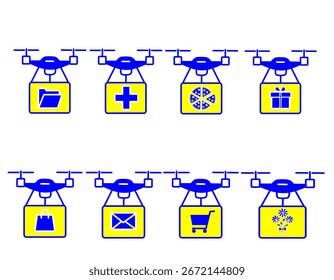 Collection of flat vector icons featuring drones delivering different items, including mail, pizza, groceries, gifts, medicine, documents, electronics, and flowers. Perfect for mobile applications, e-