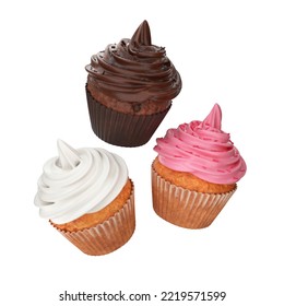 Collection of floating cupcakes with white, chocolate, pink cream on a white background, 3d render