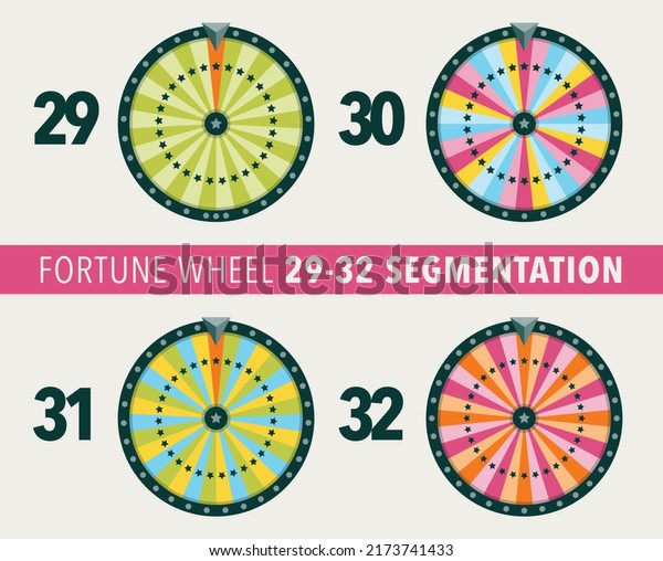 Collection of fortune wheel flat illustrations.\
29, 30, 31 and 32 segmentation fortune wheel lottery object. Empty\
isolated colorful wheels of\
fortune.