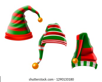 A Collection Of Funny Hats. Elf Hats Set Isolation On White Background.  Illustration.