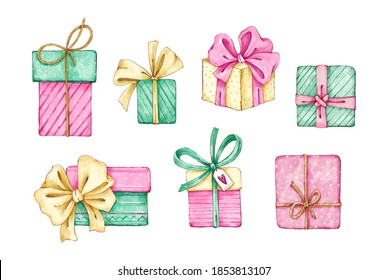 Collection of gifts. Gift boxes. Packaging. Christmas presents. Bows. Christmas decor. Watercolor botanical hand drawn illustration. - Powered by Shutterstock