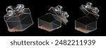 Collection of Glassy Gift Box open and closed isolated on a black background. Concept of promotion, sales and gifts. Glassmorphism Gift box. 3D rendering