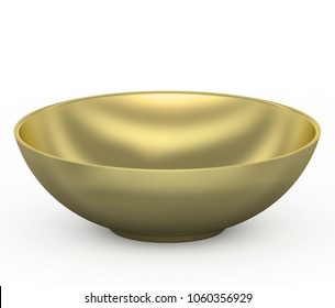 Collection Of Gold Objects. Golden Empty Rice Bowl, Isolated White Background. 3D Illustration.