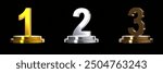 Collection of Gold Silver Bronze Trophy Number 1 2 3, Trophy Isolated, Black Background 3D Render Illustration