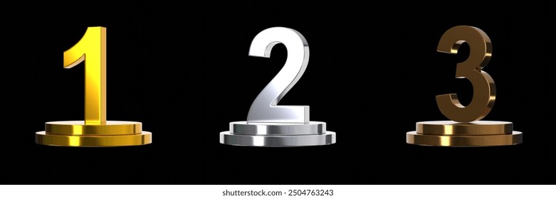 Collection of Gold Silver Bronze Trophy Number 1 2 3, Trophy Isolated, Black Background 3D Render Illustration