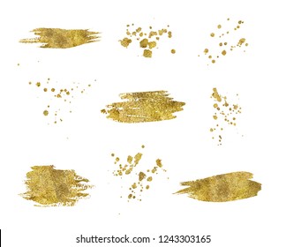 Collection Of Golden Paint Strokes Splatters Isolated On White Background.