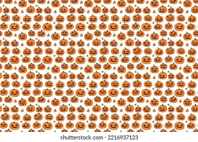 A Collection Of Grinning Halloween Carved Pumpkins, Illustrations Of Many Similar Objects, Tiled And Repeated. White Background.
