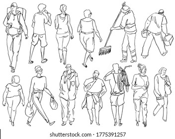 Collection Of Hand Drawn Doodles Of People Walking And Shopping. Design Element In Line Art.