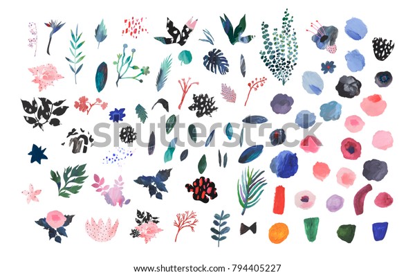 手描きの花と葉のコレクション ペイントアートセット のイラスト素材