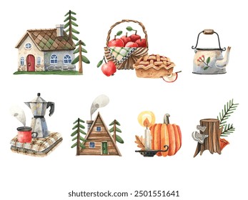 Collection of hand drawn icons, autumn camping, autumn forest. Forest hut, basket of apples, coffee pot, pumpkin. - Powered by Shutterstock