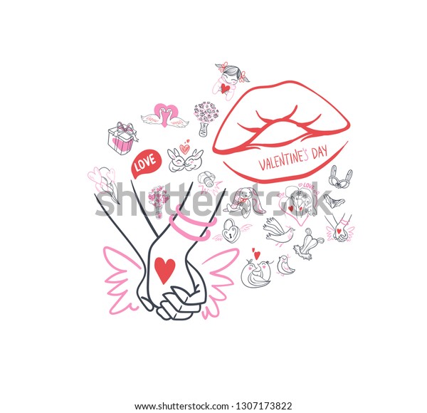 Collection of hand drawn Valentine day\
doodle. Valentine\'s day special pack design elements sets. Perfect\
for invitation cards and page\
decoration.
