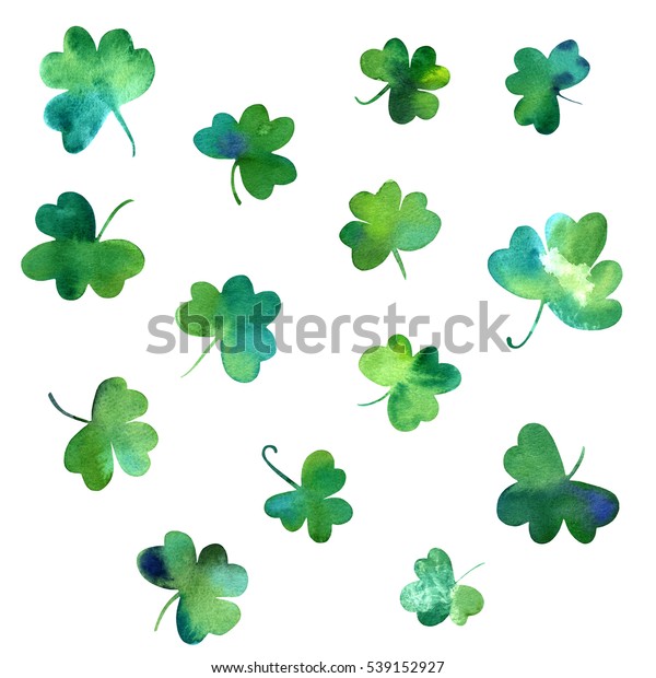 Collection Hand Drawn Watercolour Shamrocks Isolated Stock Illustration 