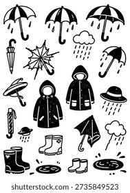 A collection of hand-drawn vector doodle elements depicting rainy weather essentials like umbrellas, raincoats, and rubber boots in a grunge texture style