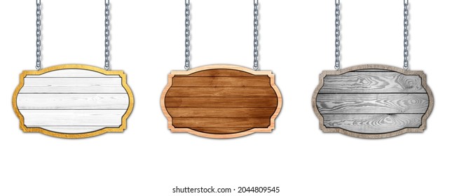 Collection of Hanging Wooden Labels isolated on white background. Rustic wood frame set Design. chains frames, Vintage beards, old signpost or signboard for sales, discount,  3D illustration 