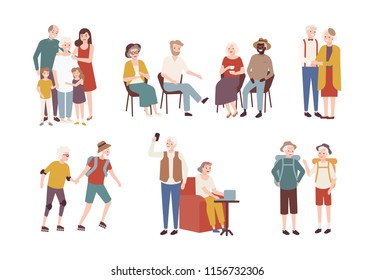 Collection of happy elderly people performing daily activities - rollerskating, going camping, spending time with family. Set of smiling old men and women. Colorful flat cartoon illustration. - Powered by Shutterstock