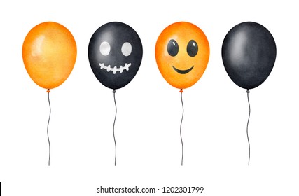 Collection of holiday air balloons, decorated with happy smiling scary faces: eyes and mouths. Hand drawn watercolour painting on white background, cutout clip art elements for design, prints, decor.