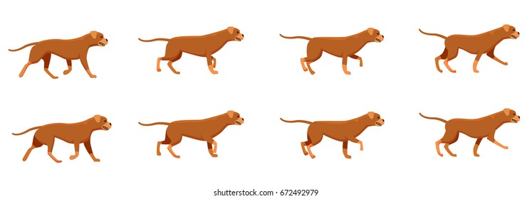 Collection of icons with fast running dogs. Red angry animal with long tail. Animation picture with different creature movements. Actions. Speed. Simple cartoon style. Side view. Flat design. 