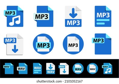 Collection of   icons for music. File format extensions icons. MP3, WAV. Circle buttons. flat design style