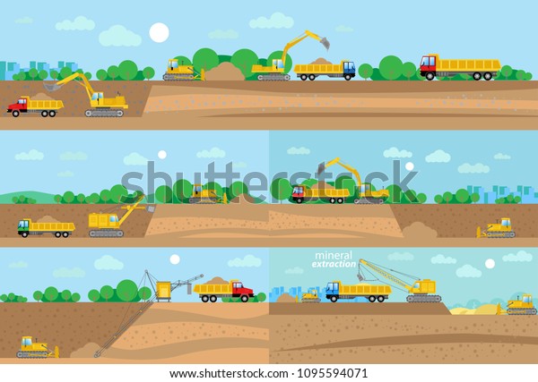 Collection of illustrations of mineral\
extraction process, isolated on  industrial landscape. Trucks,\
bulldozers and excavators. Flat style. Good for advertisement,\
banners,\
posters.