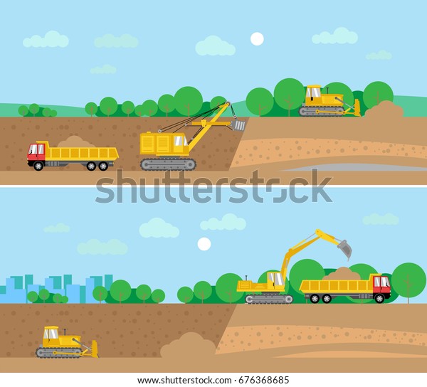 Collection of illustrations of mineral
extraction process, isolated on  industrial landscape. Trucks,
bulldozers and excavators. Flat style. Good for advertisement,
banners,
posters.