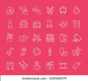 Collection Of Line White Icons Of Fine Art. Set Of Simple Elements With Bold Outlines On A Color Background. 