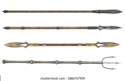 Collection Long Spear, Weapon, On An Isolated White Background. 3d Illustration