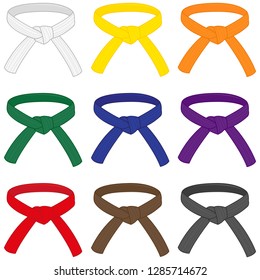 Collection of martial arts belts with different rank colors. Karate, Taekwondo, judo, jujitsu, kickboxing, or kung fu belts. - Powered by Shutterstock