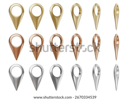 Collection of metallic map pointer in various angles, isolated on transparent background. Gold, silver, and copper locator pins for websites, apps, and guidebooks. 3D illustration