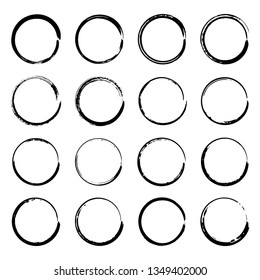 Collection Of Miscellaneous Thin Black Grunge Brush Stroke Round Frames Isolated Over White Background. Set Of Design Elements.