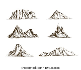 Collection mountains hand drawn in vintage style  Set beautiful retro drawings different rock cliffs   peaks isolated white background  illustration