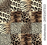 Collection of natural seamless patterns with coat, skin of fur textures of wild exotic animals. Seamless print.